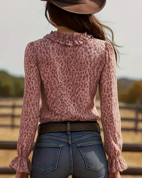 Ruffled V-Neck Leopard Print Blouse