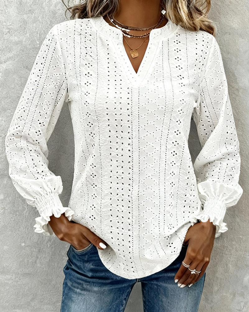 Textured Hollow-Out V-Neck Long-Sleeved Top