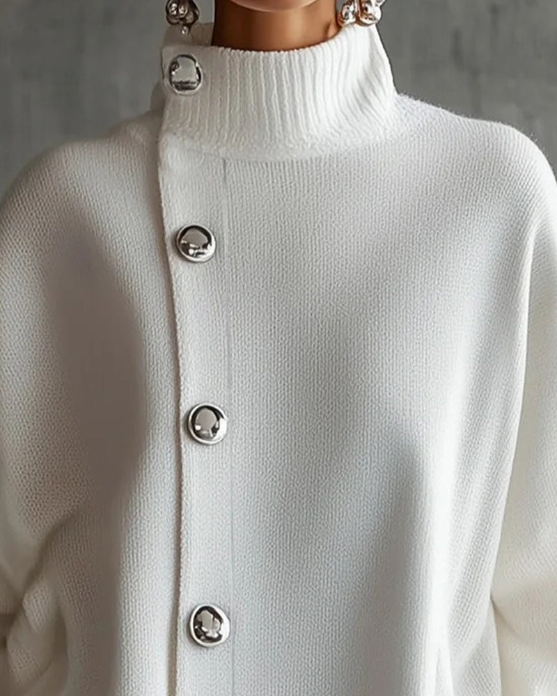 Button Solid Long Sleeve Sweater Dress