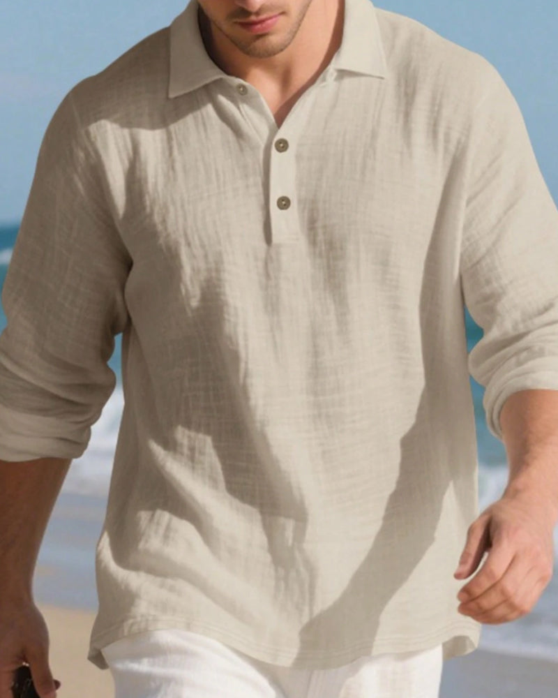 Men's Lightweight Loose Linen Long Sleeve Polo Shirt
