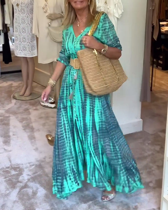 Printed V-neck button-down maxi dress