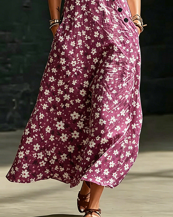 Small Floral Asymmetric Button Sleeveless Dress