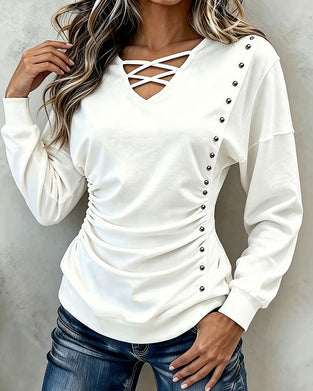 Draped V-Neck Wrap Long-Sleeve Top