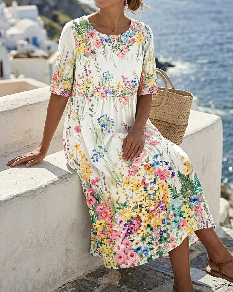 Round Neck Watercolor Floral Dress