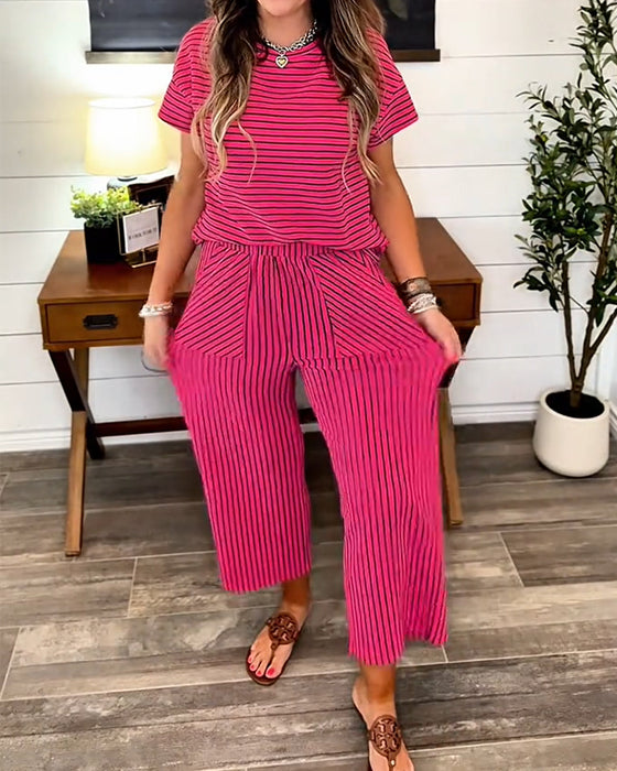 Round Neck Striped Elastic Waist Pocket Set