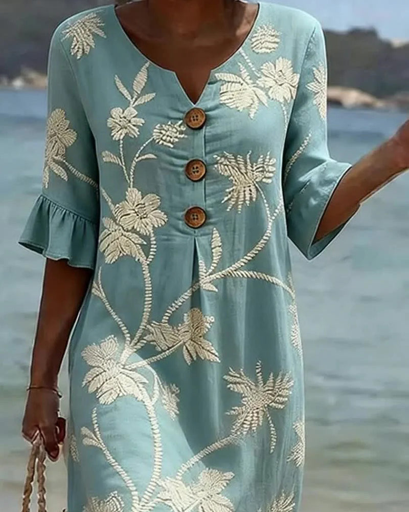 Petite V-Neck Ruffle Three-Quarter Sleeve Dress