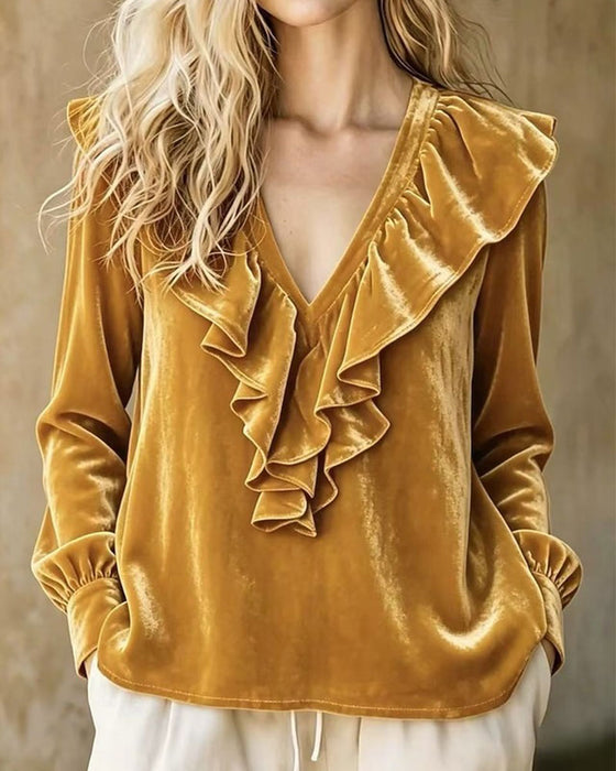 Ruffled V-Neck Long-Sleeved Top