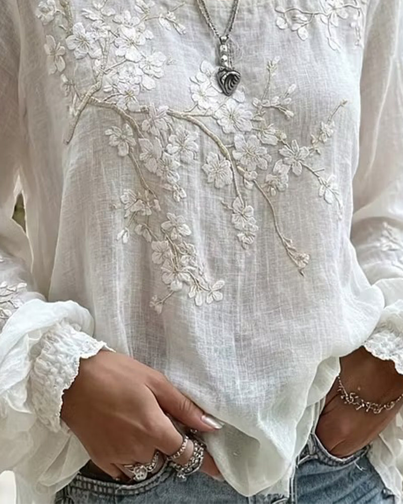 Textured Cherry Blossom Embroidered Crew Neck Blouse