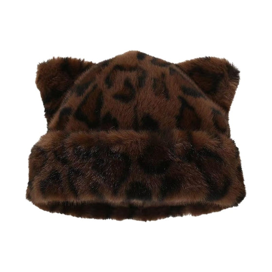 Leopard Print Plush Cat Ear Hat