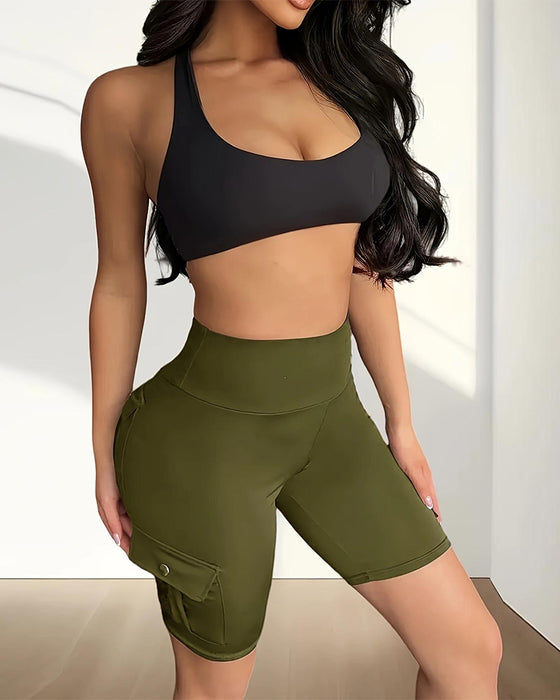 Single Buckle Solid Color Yoga Leggings