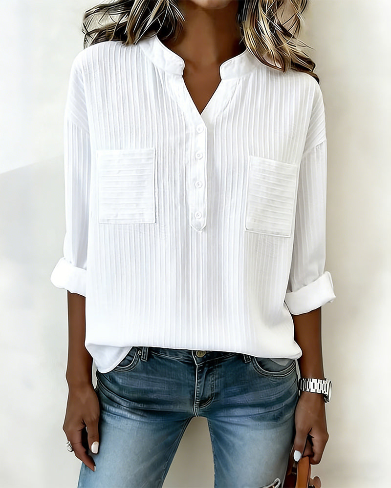 Vertical Waffle Henley Collar Double Pocket Shirt