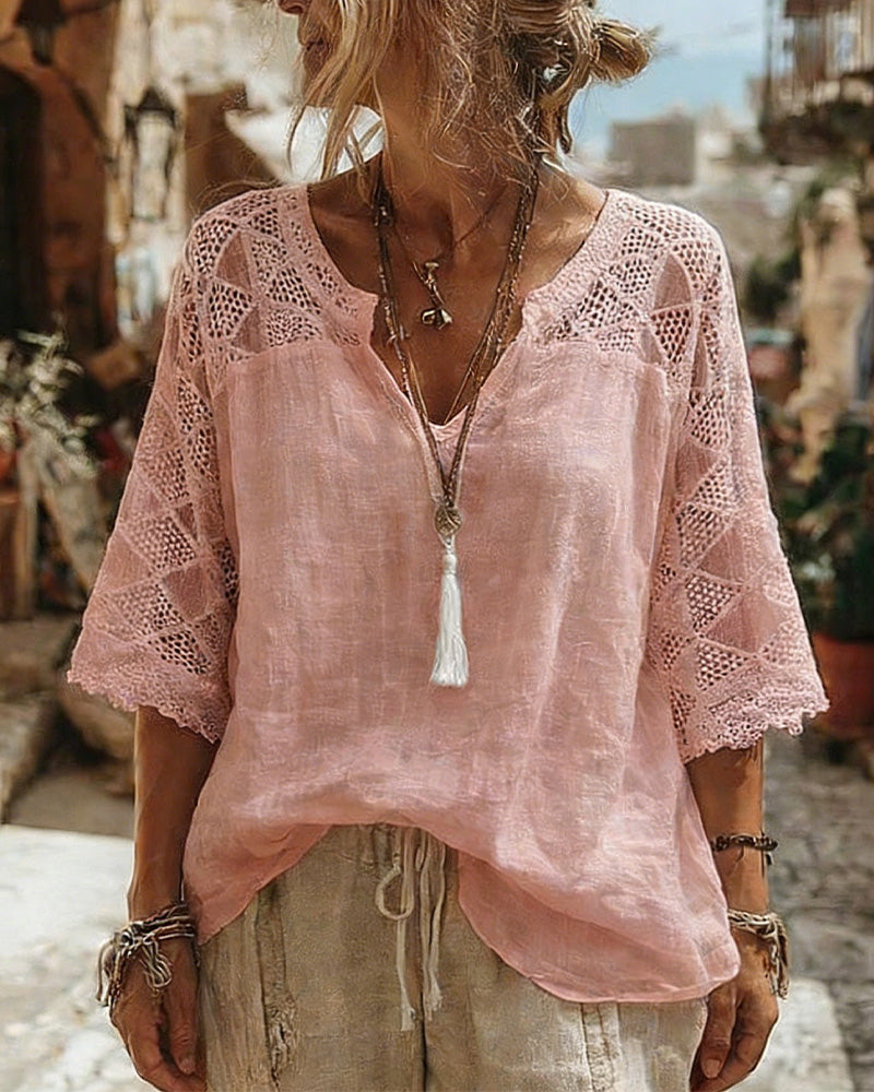 Solid-Color Paneled V-Neck Blouse