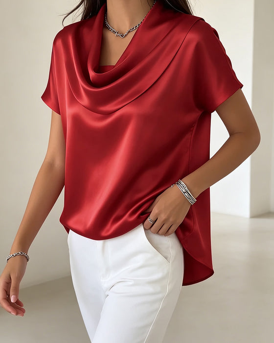 Solid Draped Collar Blouse