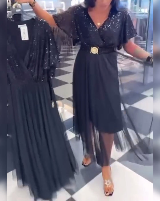 V-Neck Mesh Hem Fashion Dress