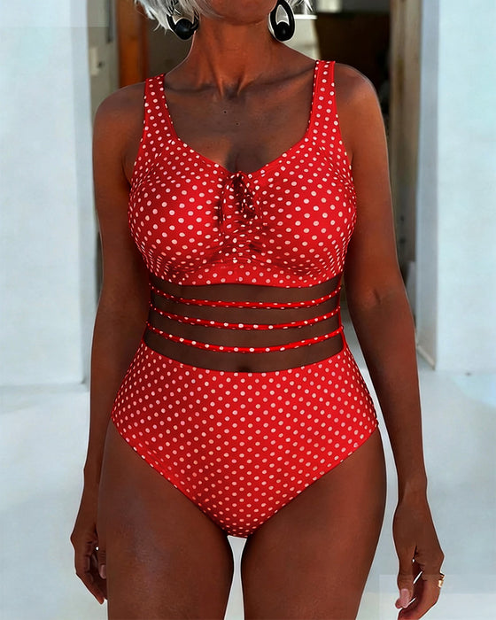 Lace-Up Polka-Dot Mesh One-Piece