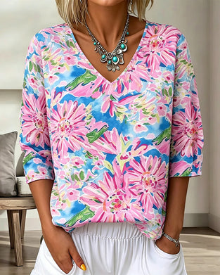Floral V-Neck Half Sleeve Blouse