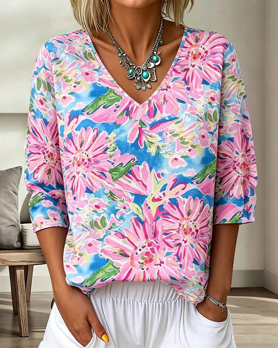 Floral V-Neck Half Sleeve Blouse