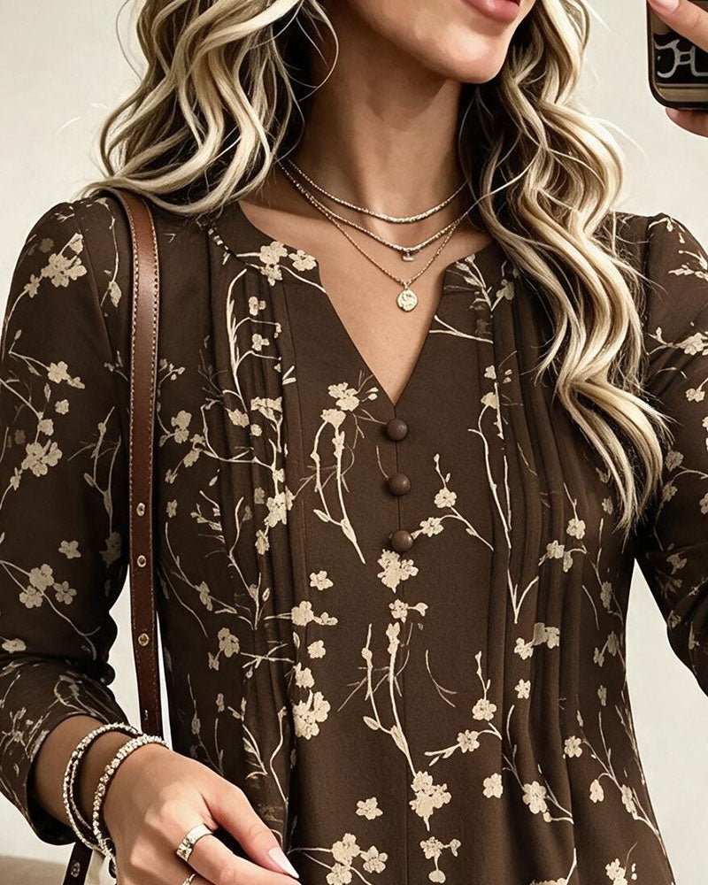 V-Neck Ruched Print A-Line Dress