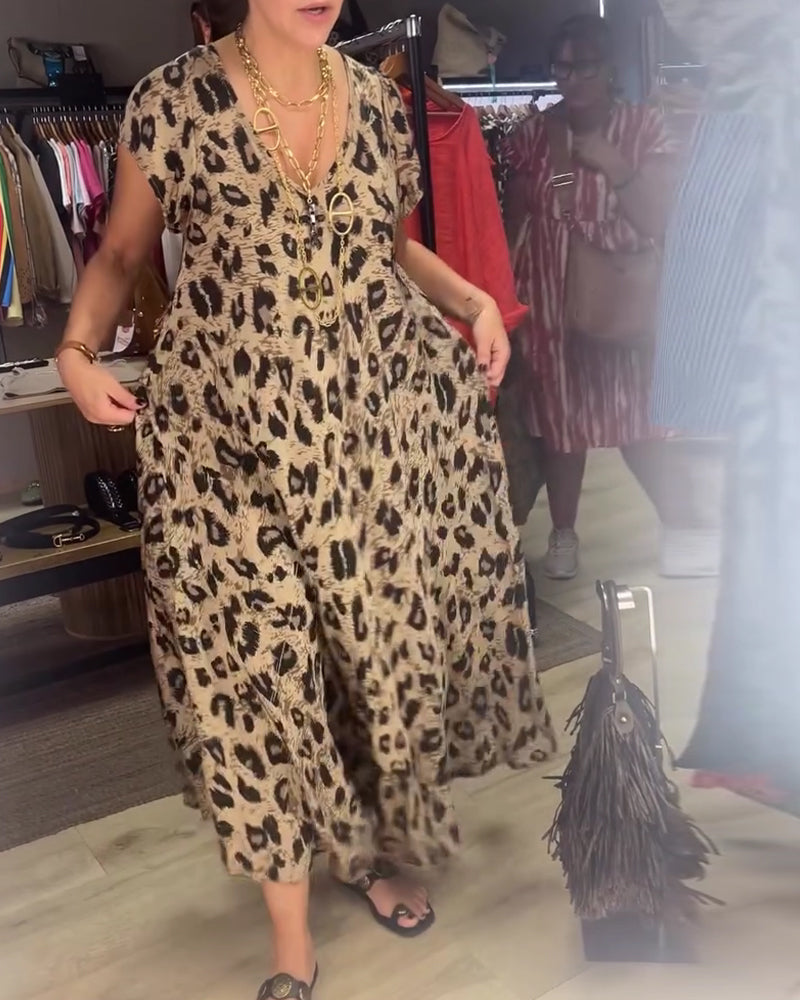V-Neck Leopard Short Sleeve Dress