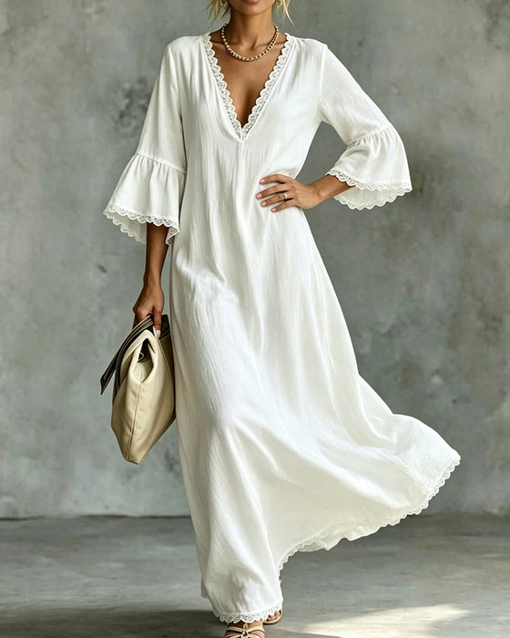 V-Neck Lace Patchwork Ruffle Full Skirt Dress