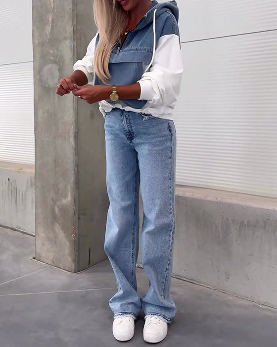 Casual denim patchwork zipper hoodie