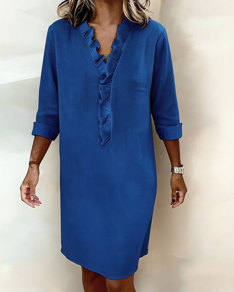 Ruffled V-Neck Solid Color Dress