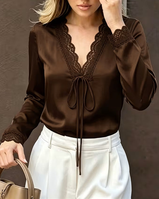 Long Sleeve V-Neck Lace Patchwork Blouse