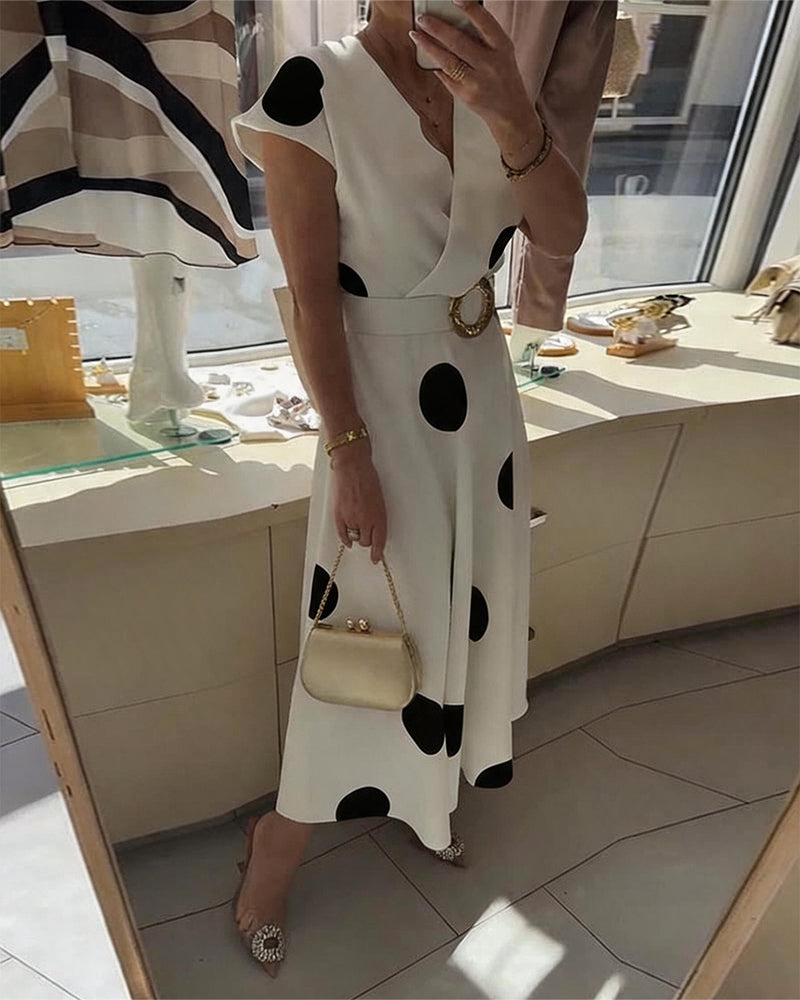 Polka Dot V-Neck Waist-Cinching Dress