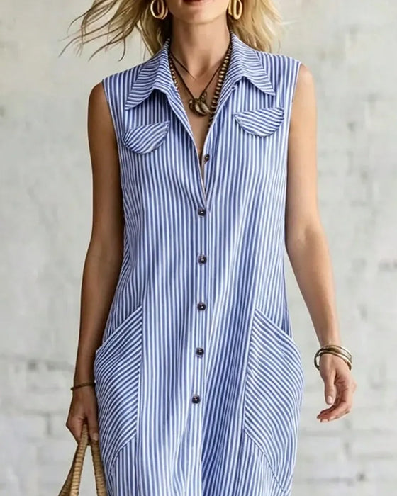 Sleeveless Lapel Striped Dress