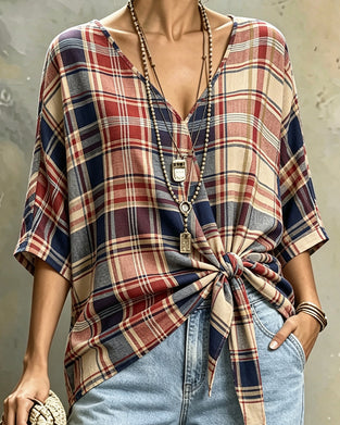 V-Neck Front Tie Plaid Three-Quarter Sleeve Blouse