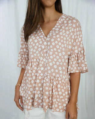 V-neck trumpet sleeves floral blouse