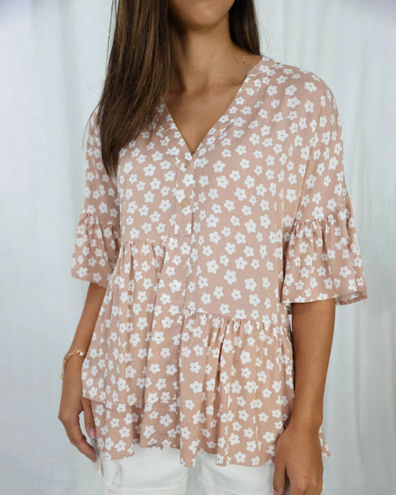 V-neck trumpet sleeves floral blouse