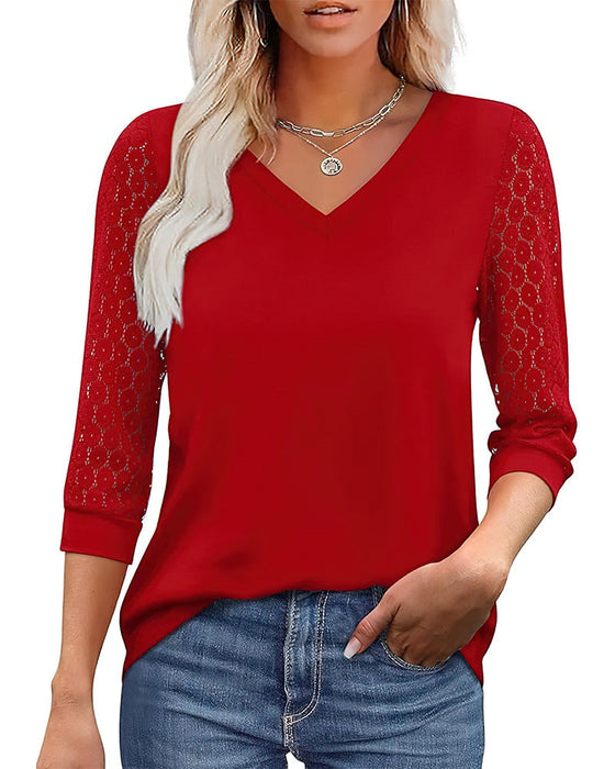 Hollow Three-Quarter Sleeve Solid Color Top
