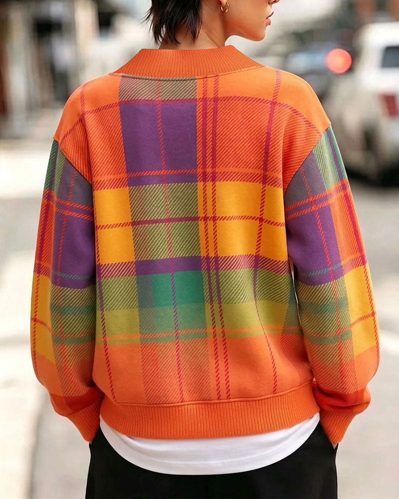 V-Neck Plaid Casual Sweatshirt
