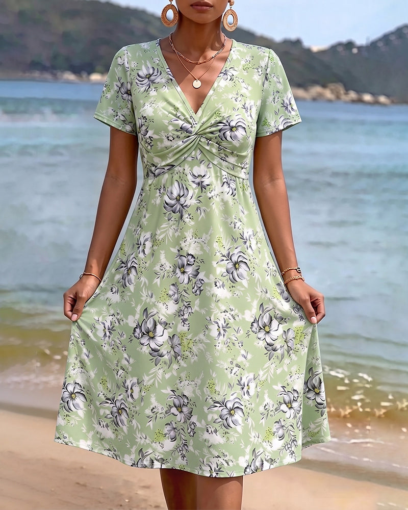Floral V-Neck Twist Knot Dress