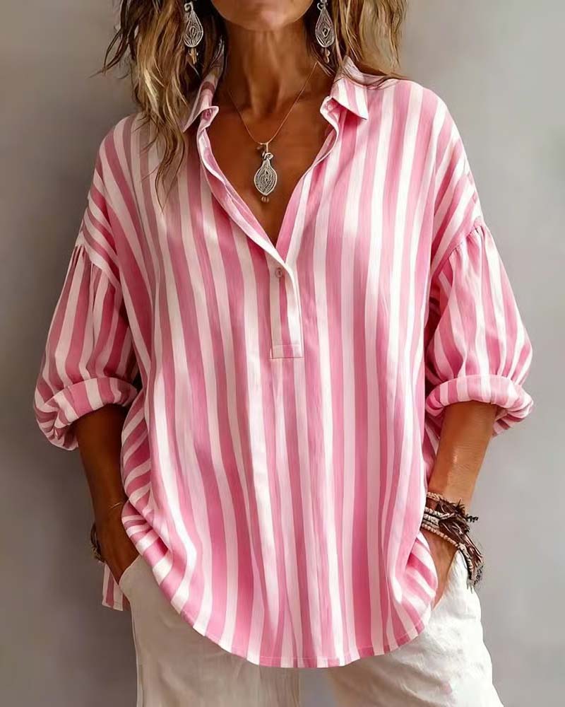 Striped Loose-Fitting Collared Blouse