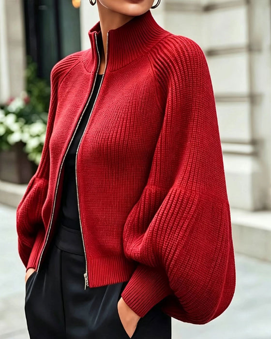 Stand-Collar Zipper Lantern Sleeve Coat