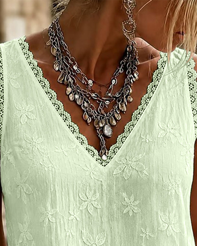 V-Neck Solid Color Lace Tank Top