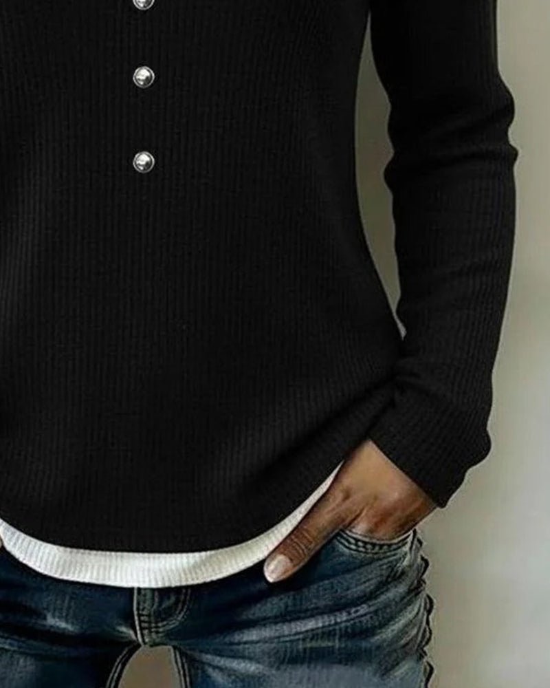 Color-Blocked Button Long-Sleeved Top