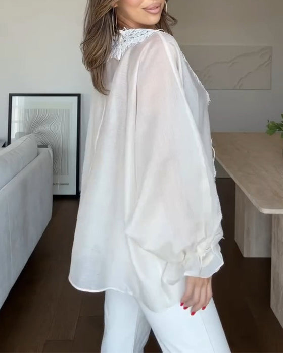 V-Neck Lace Panel Ruffle Blouse