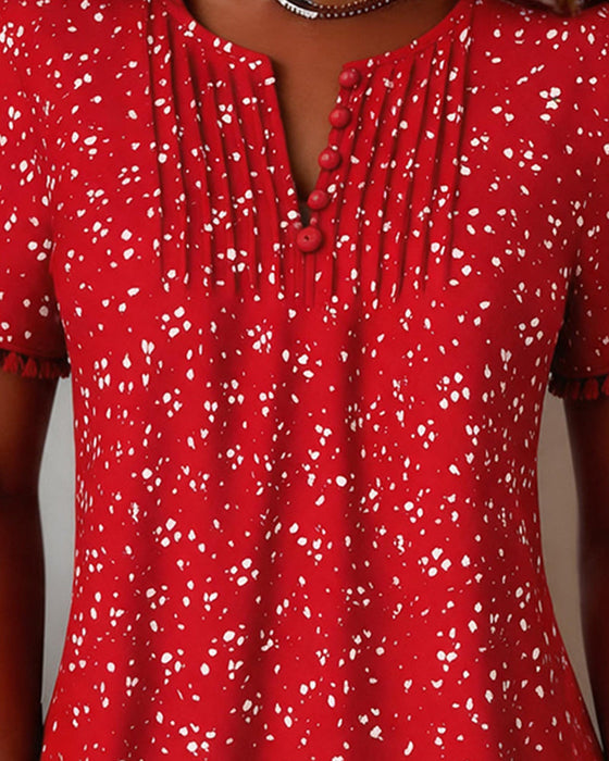 White Dot Fringe Short Sleeve Blouse