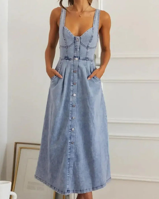 Spaghetti Strap Button Waist-Cinched Denim Dress
