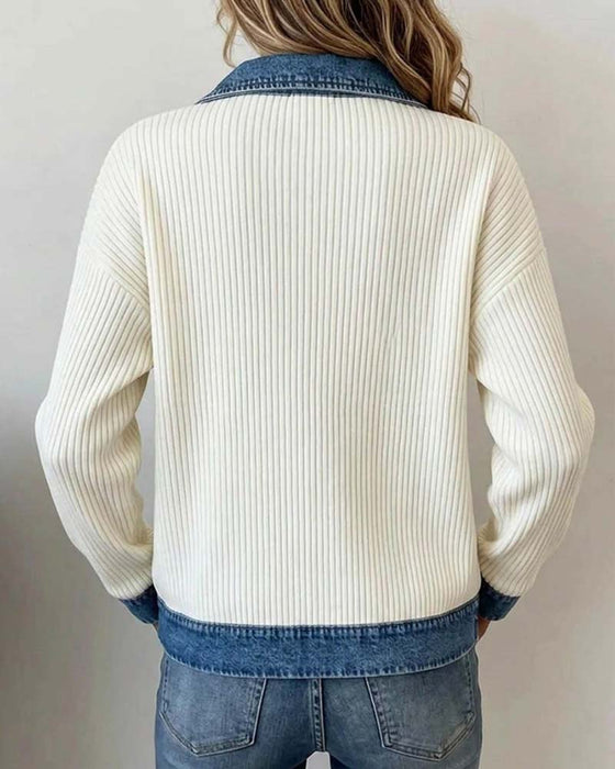 Lapel Zipper Denim Panel Coat