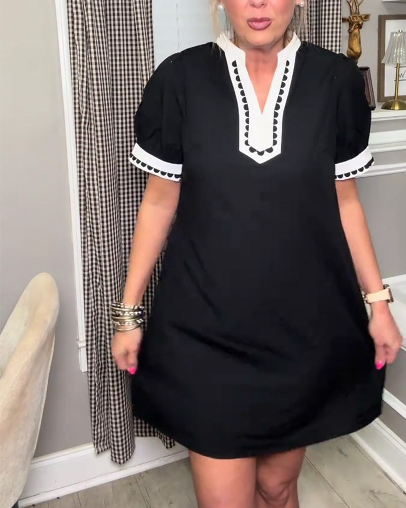 Bubble Sleeve Color Block V-Neck Dress