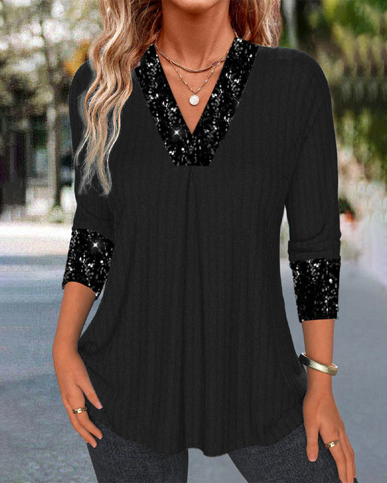Casual solid color sequin patchwork pleated top
