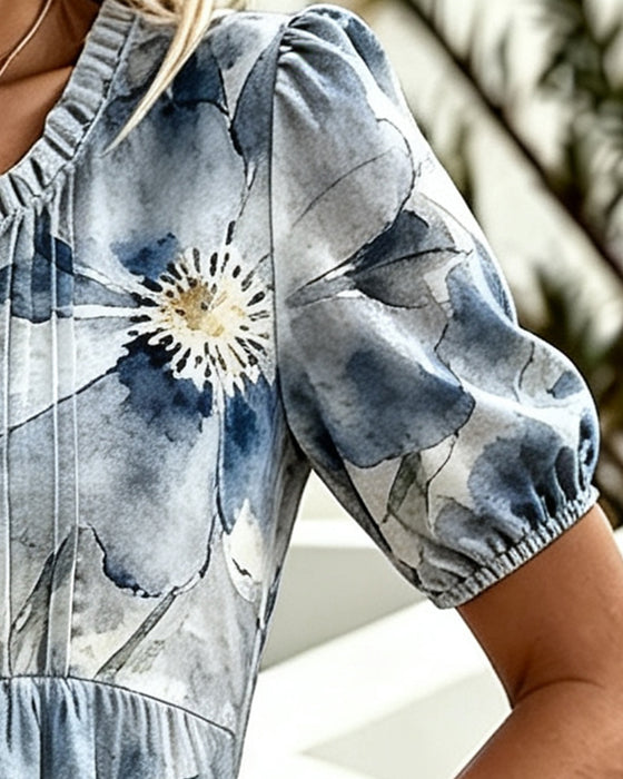 Ruffle Trim Tie-Dye Floral Waist Dress