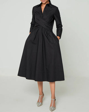 Lapel Cross Straped Dress with Pockets