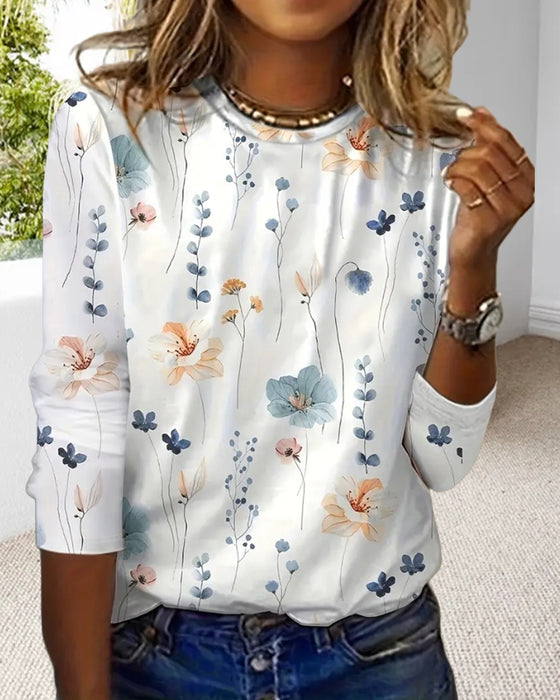 Round neck long sleeve printed top