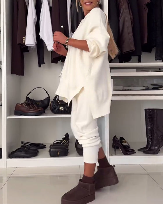 Two-piece set - solid color sweater and pants