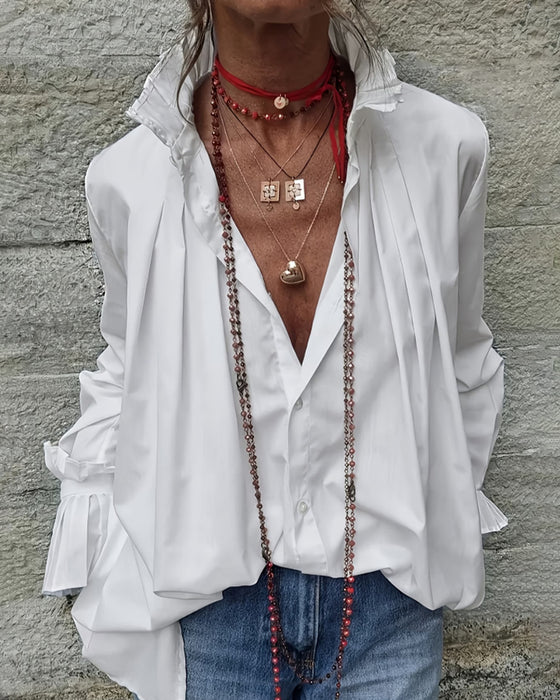 Pleated Lapel Solid Long Sleeve Shirt